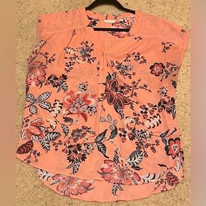 New York & Company Pink Short Sleeved Floral Blouse - Large